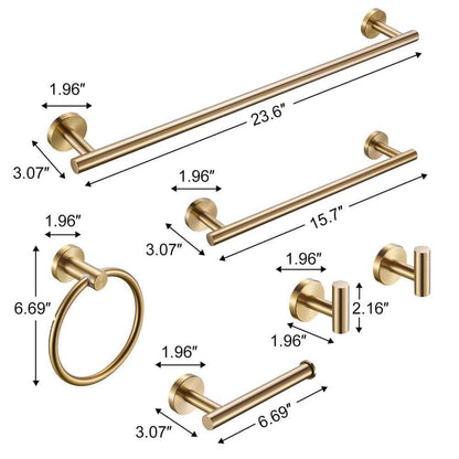 Modern 6-Pieces Bath Hardware Set with Towel Rail, 2-Paper Towel Rack, 1-Towel Ring, 1-Hook, 2 in Brushed Gold