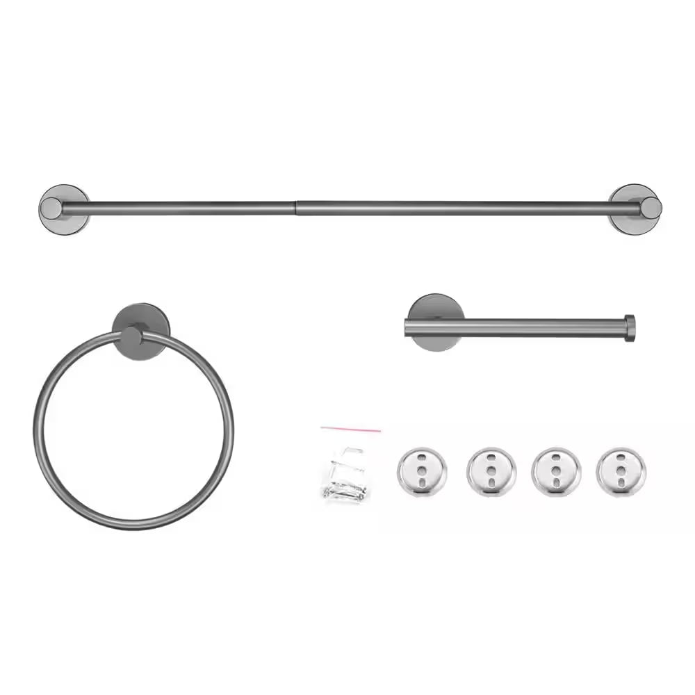 Modern 3-Piece Bath Hardware Set with Retractable Towel Bar*1, Towel Ring*1, Toilet Paper Holder*1 in Gray