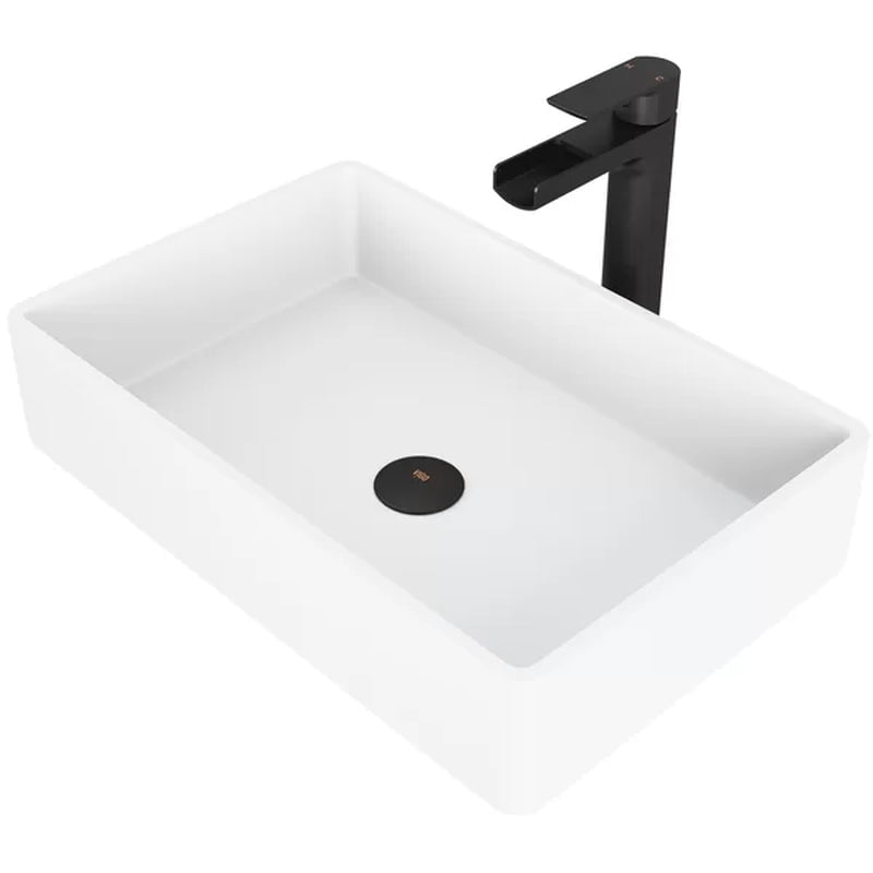 Matte Stone 13.875'' Matte Black Stone Rectangular Vessel Bathroom Sink with Faucet