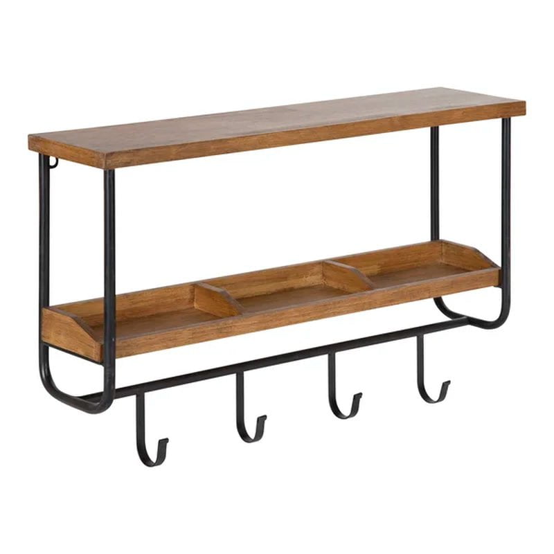 Oddell Wood Wall Shelf with Hooks 24X6X15 Rustic Brown