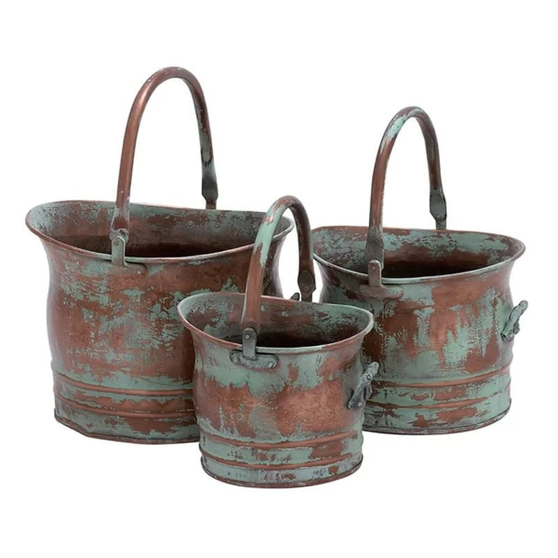 Quintanilla Copper Metal Indoor-Outdoor Patina Tulip Style Bucket Planter with Stationary Handles