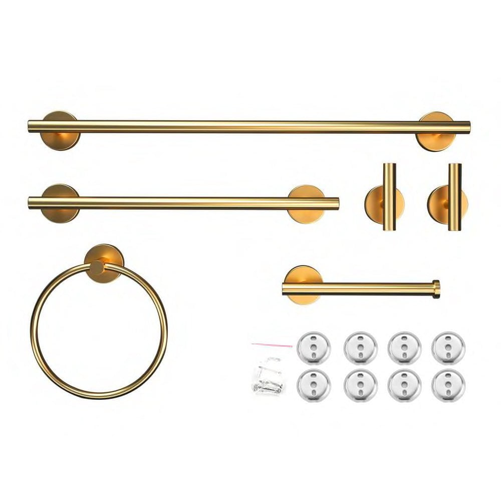 Modern 6-Pieces Bath Hardware Set with Towel Rail, 2-Paper Towel Rack, 1-Towel Ring, 1-Hook, 2 in Brushed Gold