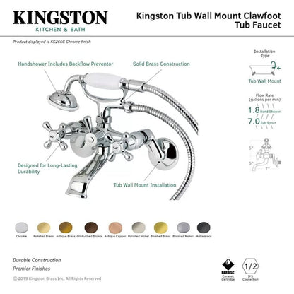 Kingston Triple Handle Wall Mounted Clawfoot Tub Faucet Trim with Diverter and Handshower